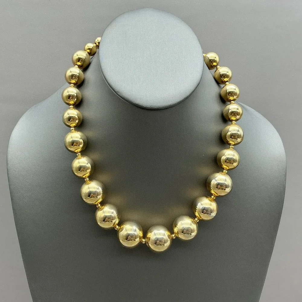 Vintage Necklace Womens Gold Tone Ball Bead Chunky Statement Graduated 16 Inches
